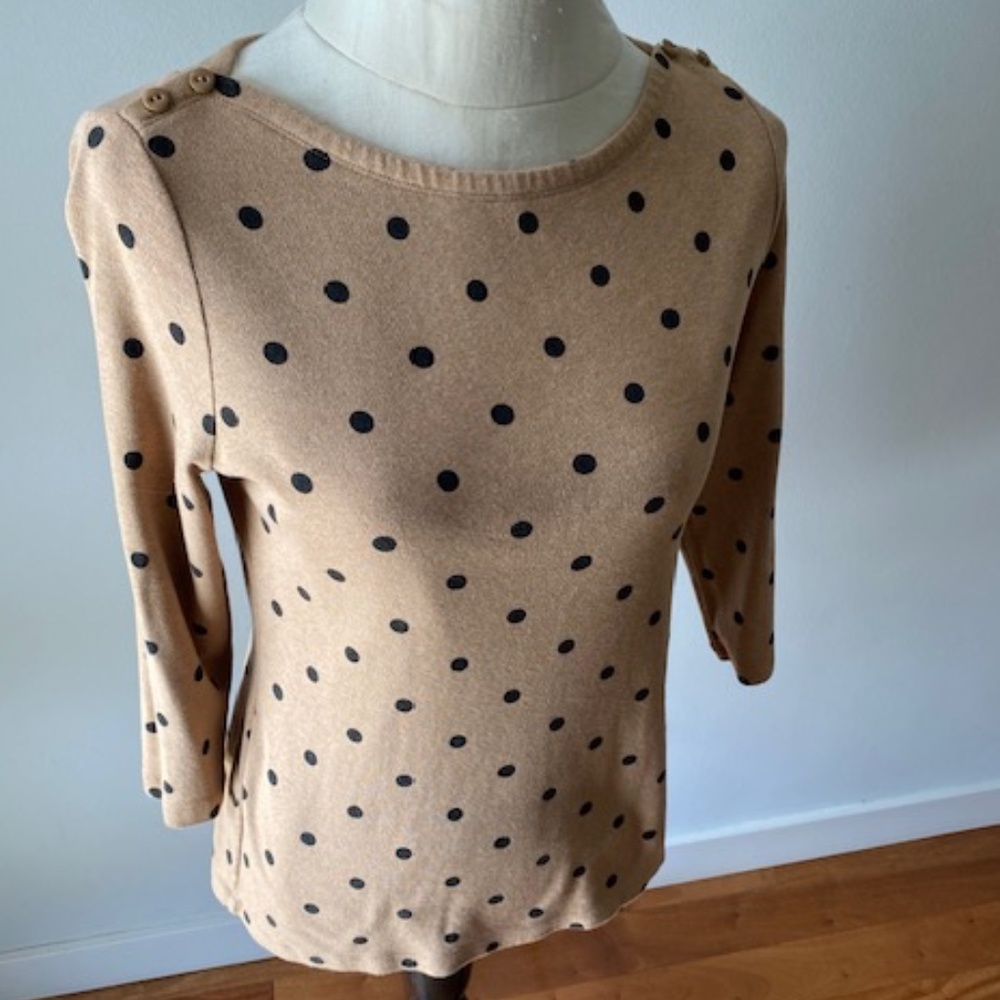Lands' End, Tan Polka Dot, 3/4 Sleeve Top, Sz S, like New